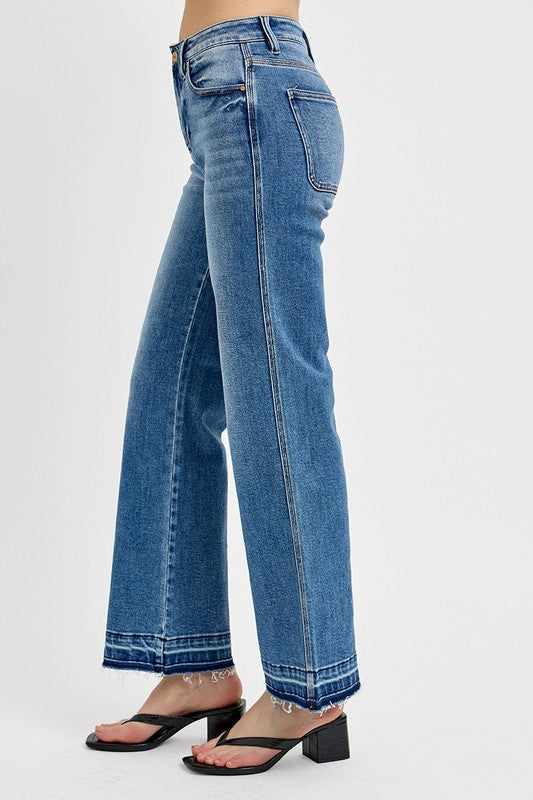 RISEN High-Rise Bootcut Ankle Cut Mom Jeans Relaesed Raw Hem Denim Pants