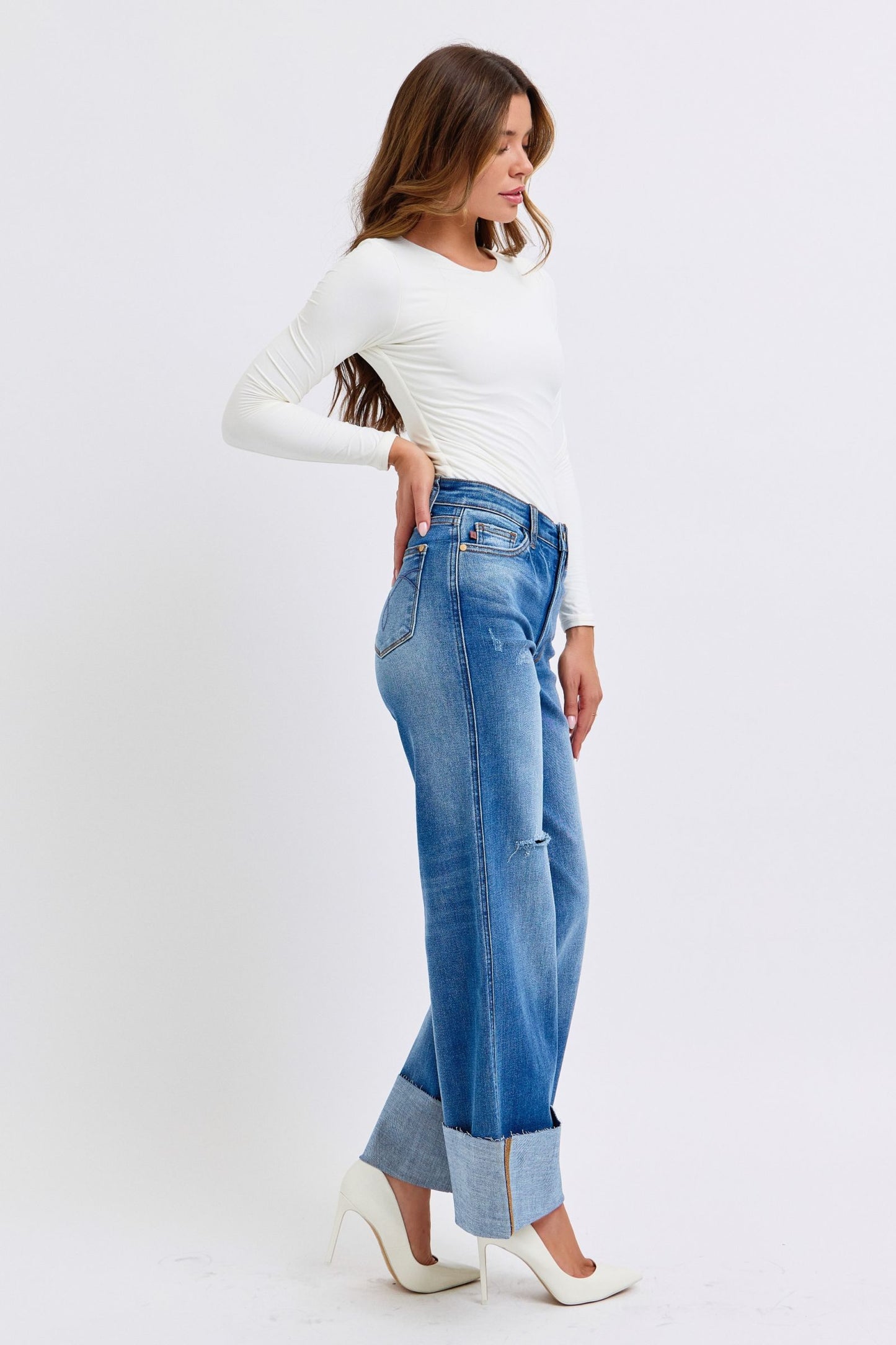 Judy Blue High-Rise Boyfriend Jeans Ultra Wide Leg Cuff Raw Hem Denim Pants