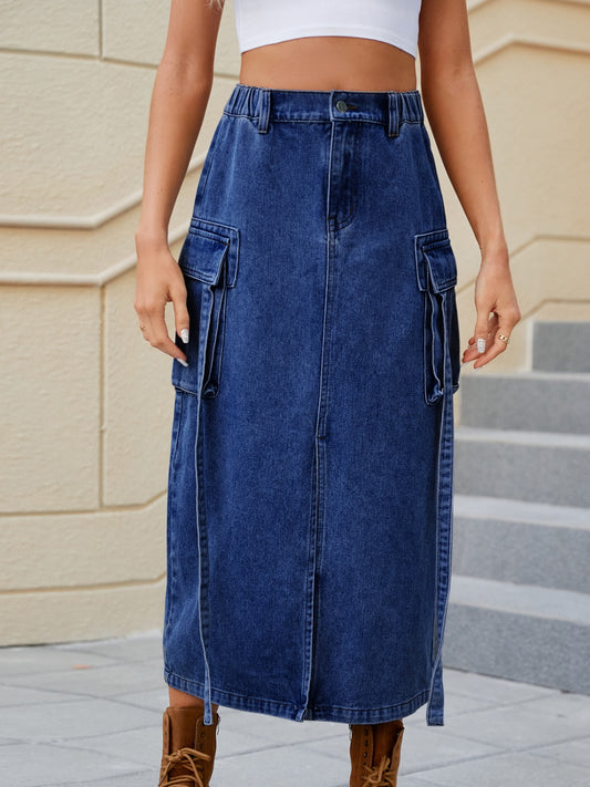 Retro Cargo Side Pocket High-Rise Elastic Waist Denim Blue Jean Slit Front Midi Skirt