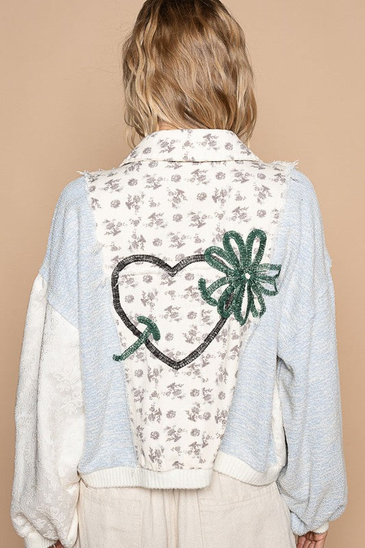POL Embroidered Heart Flower Boho Jacket Retro Floral Patchwork Collar Button-up
