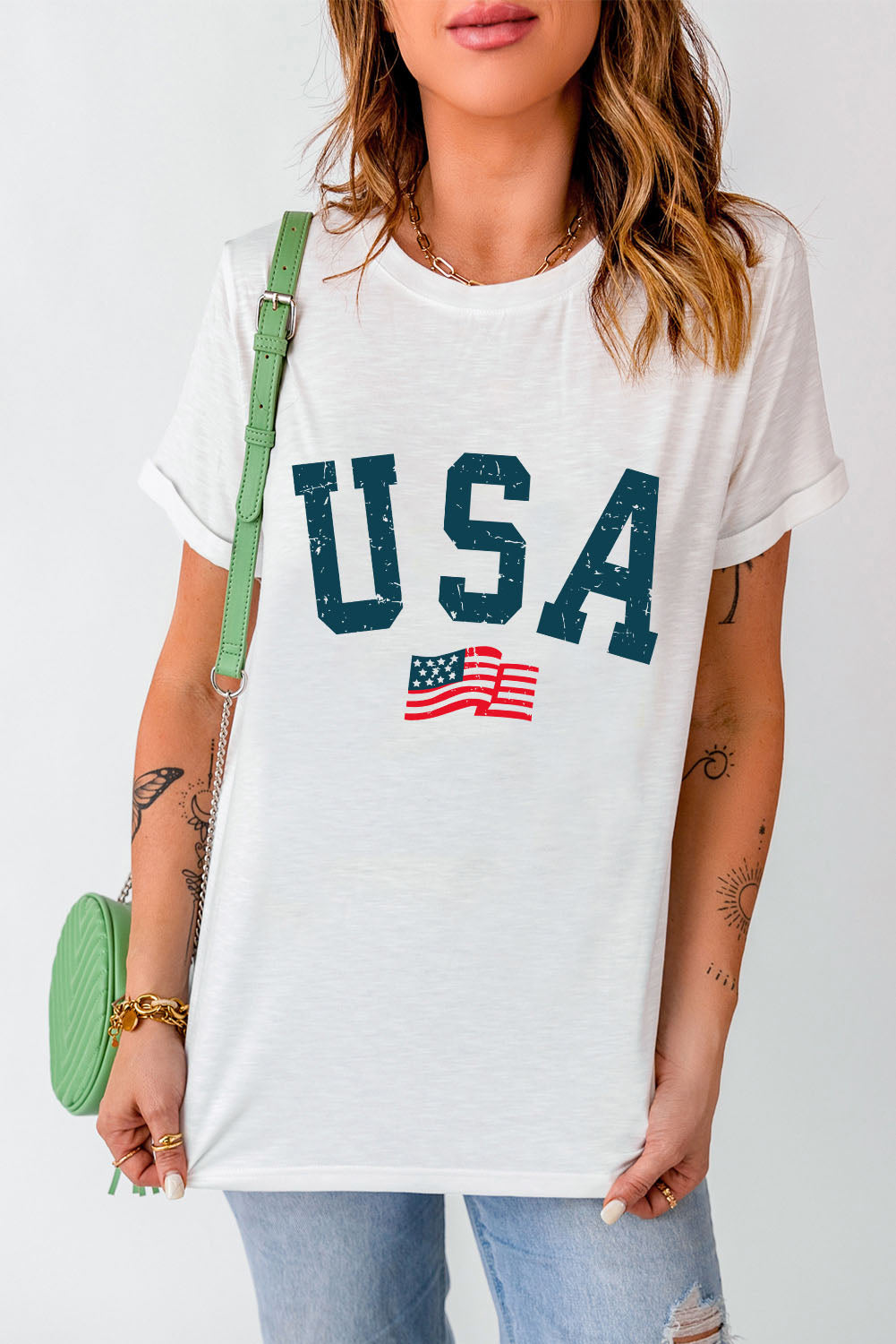 Rustic American Flag USA Graphic Shirt Americana Patriotic Short Sleeve Top