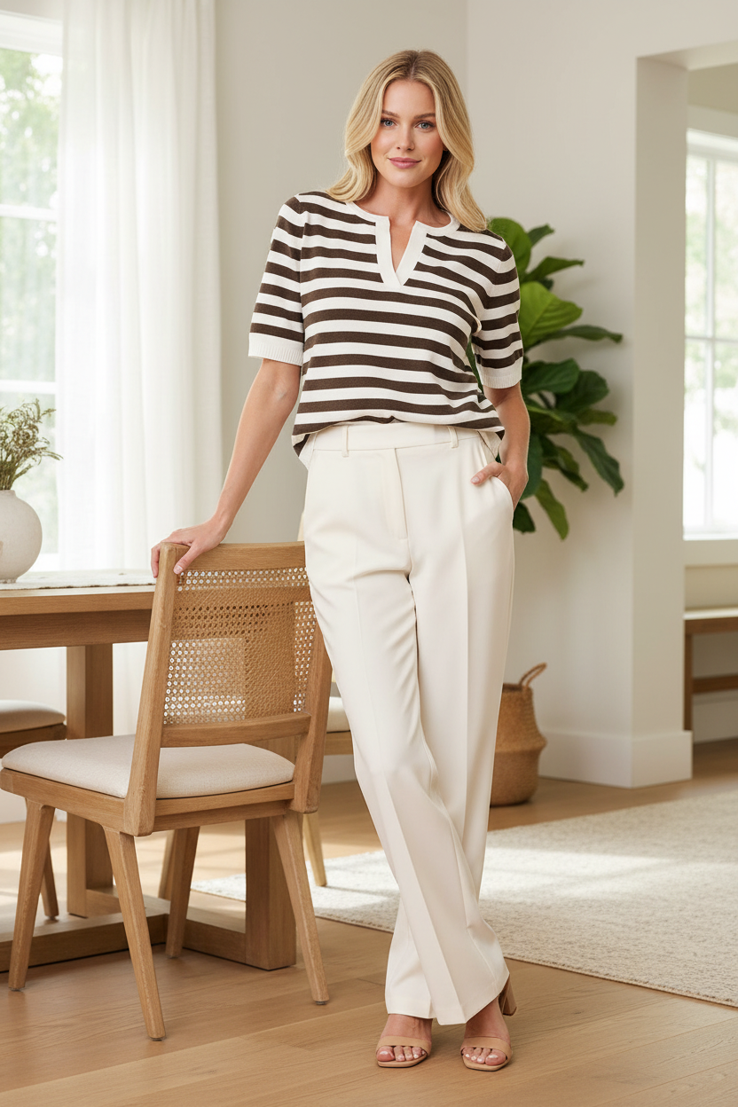 Zenana Knit Top Split Neck Preppy Stripe Short Sleeve Sweater Shirt Brown