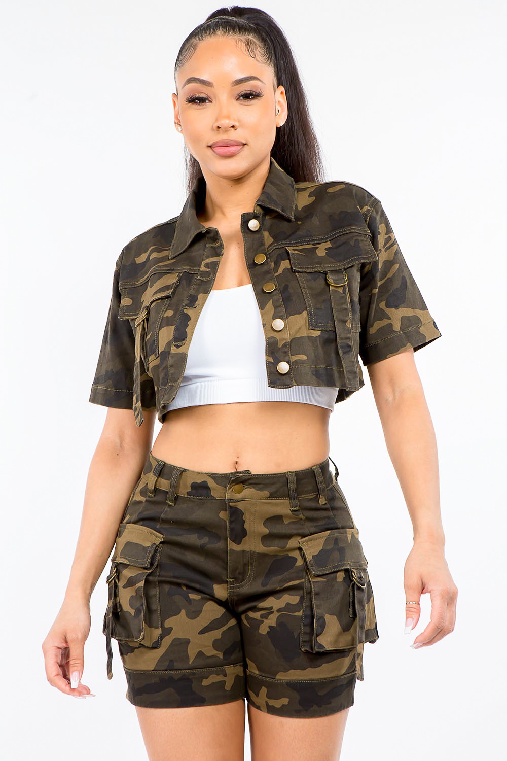 American Bazi Cropped Combat Camo Denim Short Sleeve Button Jean Jacket