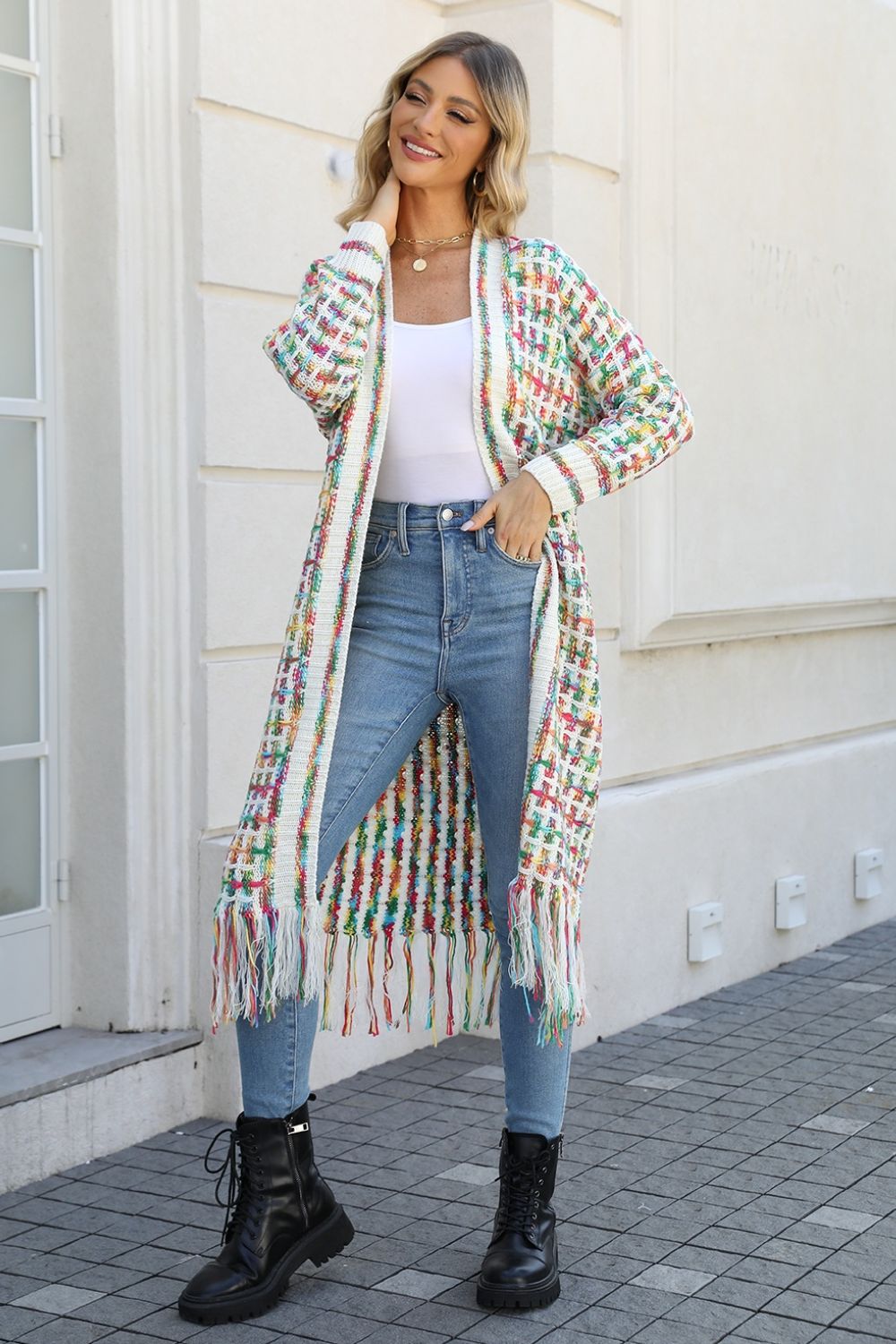 Retro Knit Bold Colorful Open Front Fringe Hem Longline Duster Sweater Cardigan