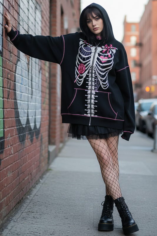 Oversized Skull Skeleton Zip-Up Contrast Stitching Hoodie Front Pocket Jacket