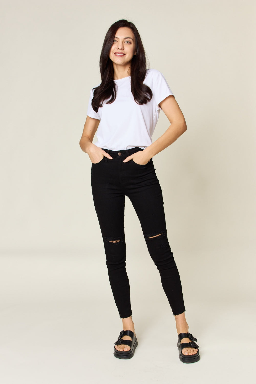 Distressed Tummy Control High-Rise Stretch Skinny Slim Denim Jean Pant Judy Blue