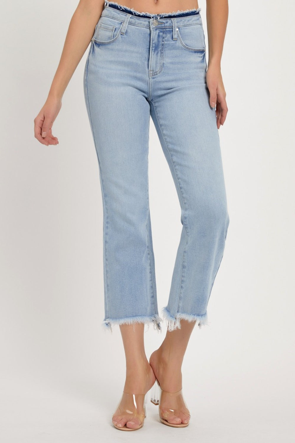 RISEN Slim High-Rise Waist Jeans Distressed Torn Cut-Off Cropped Denim Pants