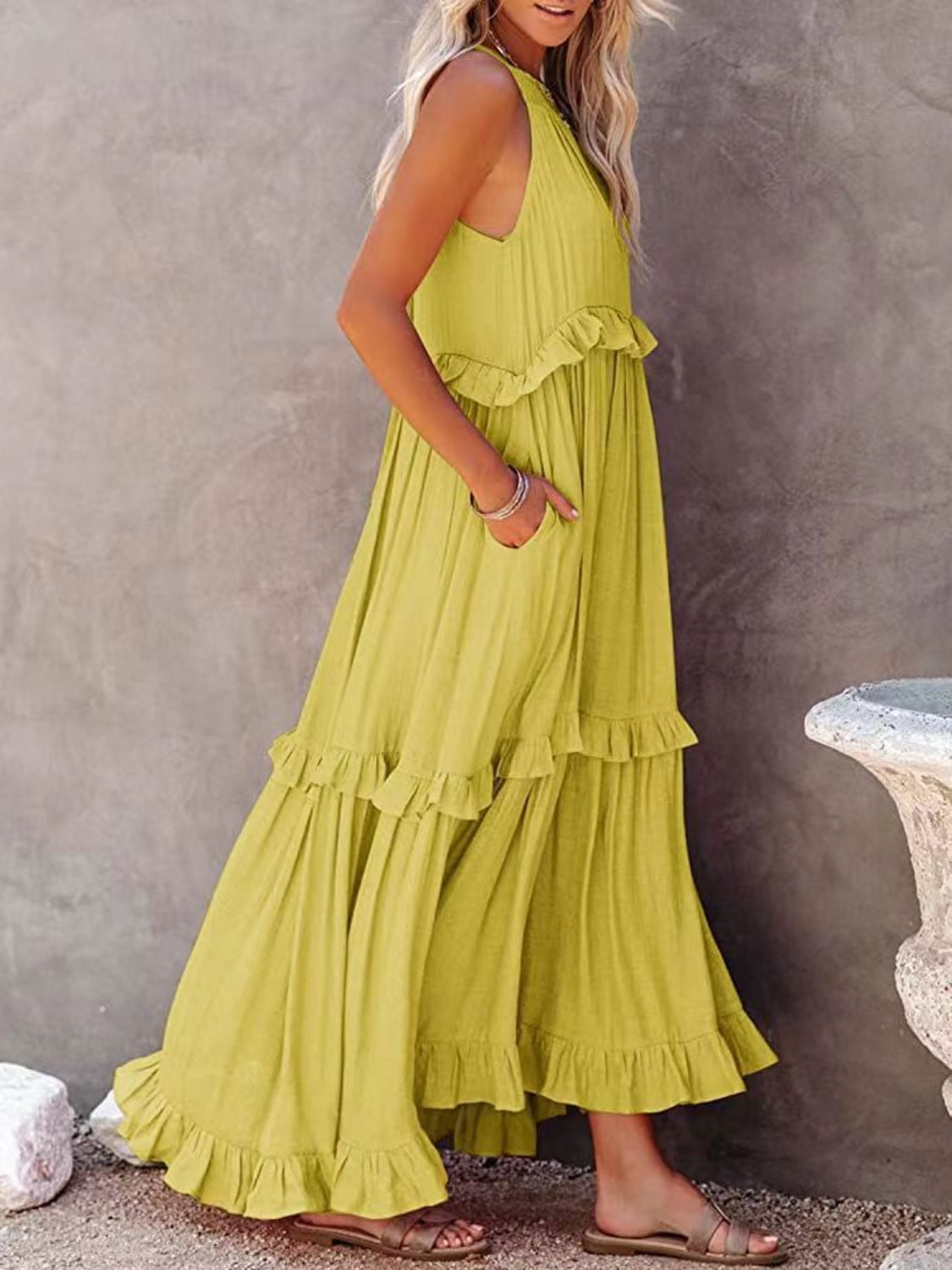 Ruffle Sleeveless Grecian Tie Back Tiered Summer Side Pocket Oversized High-Low Maxi Dress