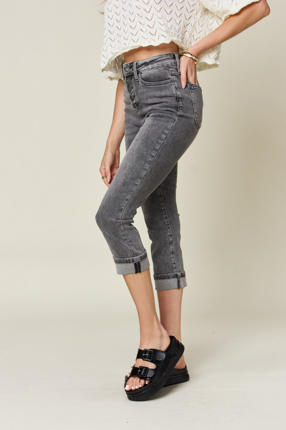Tummy Control High-Rise Waist Denim Skinny Cuffed Capri Pants Judy Blue Jeans