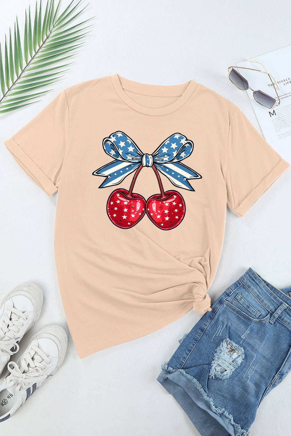 Cherry Bow American Flag Graphic Shirt Americana Patriotic Short Sleeve Top
