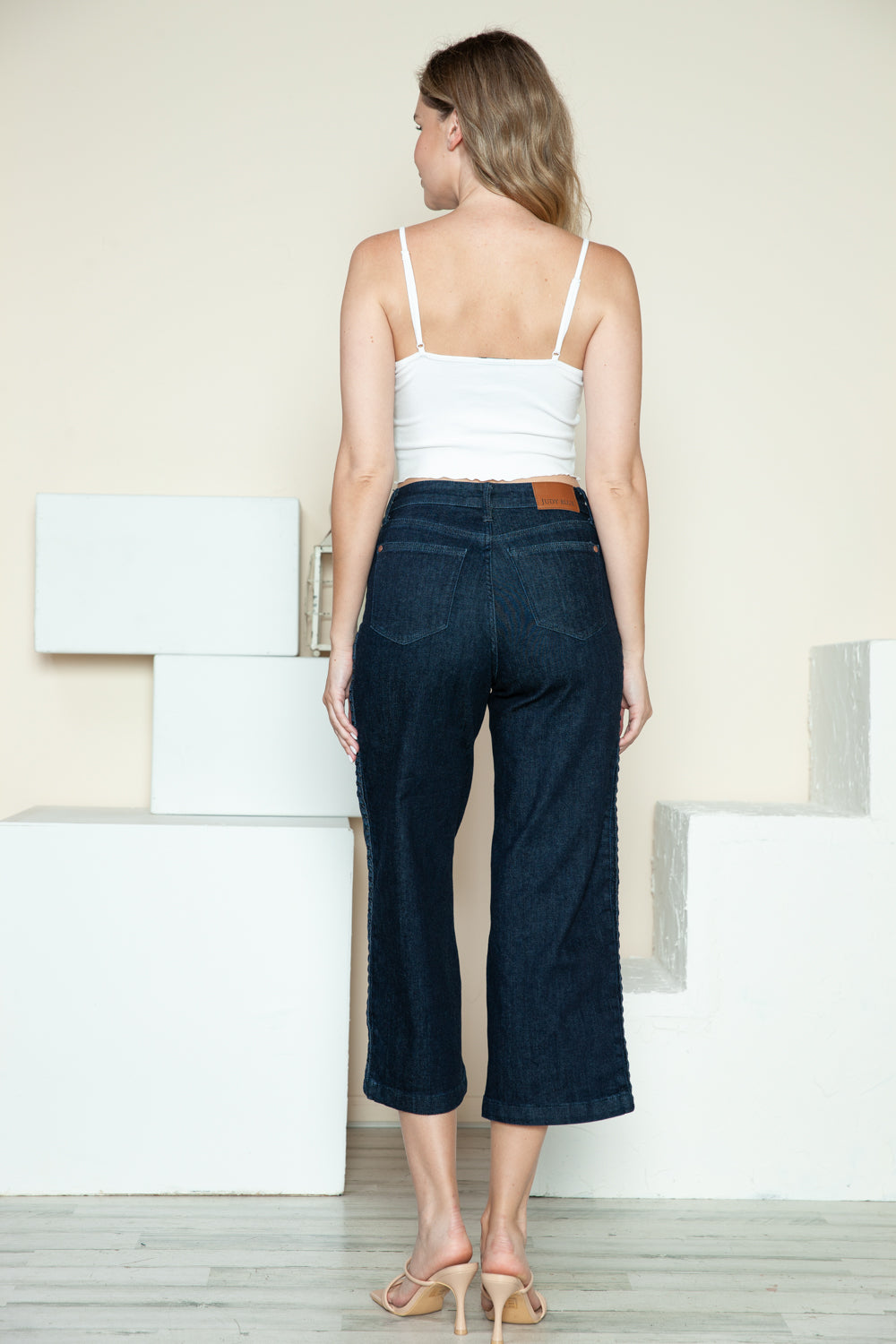 Judy Blue Braided High-Rise Wide Leg Cropped Hem Relaxed Boyfriend Denim Jean Pants