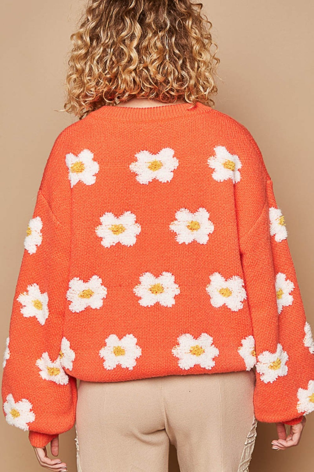 POL Sweater Fuzzy French Terry Daisy Knit Long Sleeve Shirt Oversized Retro Top