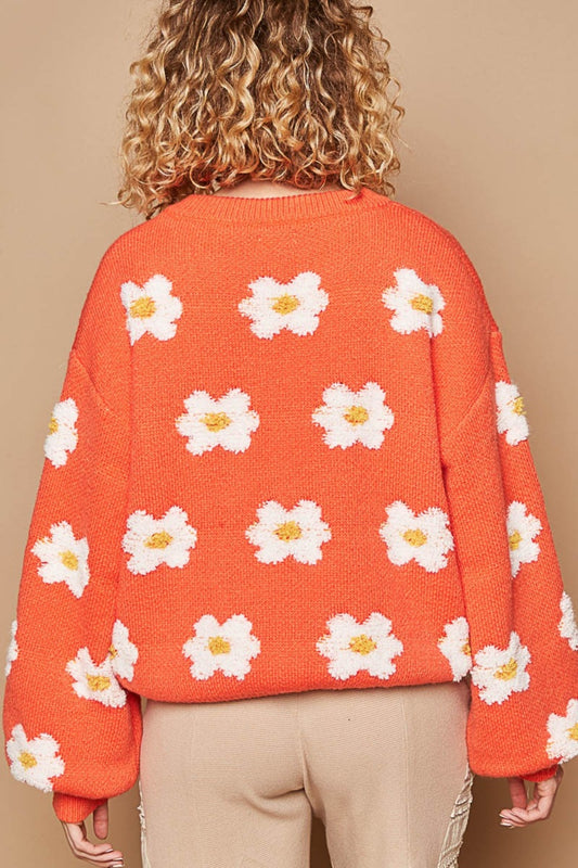 POL Sweater Fuzzy French Terry Daisy Knit Long Sleeve Shirt Oversized Retro Top