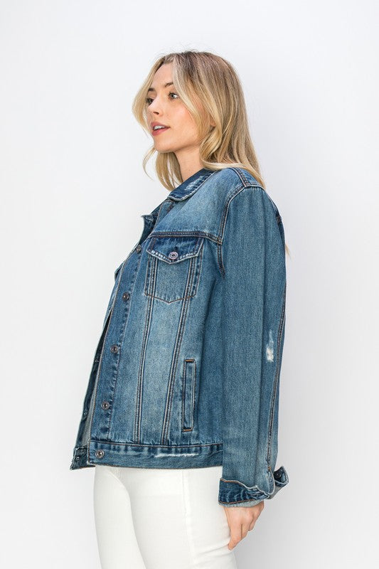 RISEN Distressed Cotton Denim Jacket Blue Jean Long Sleeve Button-up Collar Casual