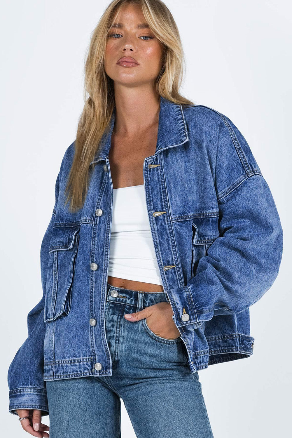 Oversized Denim Jacket Button-Up Collared Retro 90s Boyfriend Heavy Blue Jean