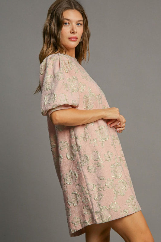 Umgee Rose Jacquard Puff Sleeve Sheath Mini Dress Textured Retro Gold Metallic Floral