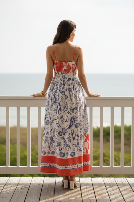 Riviera Island Scoop Neck Spaghetti Strap Smocked Back A-line Boho Cami Maxi Dress