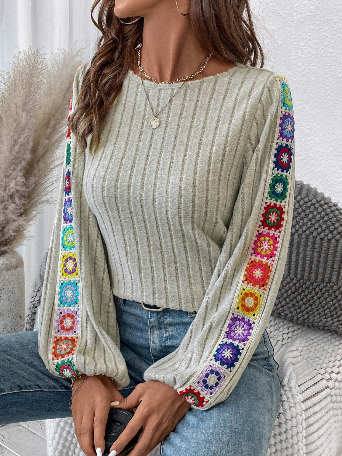 Colorful Embroidered Blouse Bohemian Long Sleeve Ribbed Shirt Round Neck Retro Hippie Top