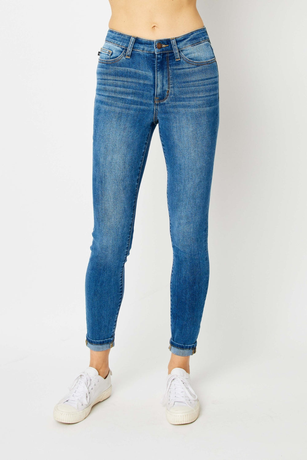 Skinny Stretch Slim Mid-Rise Denim Pants Cuffed Hem Judy Blue Jeans