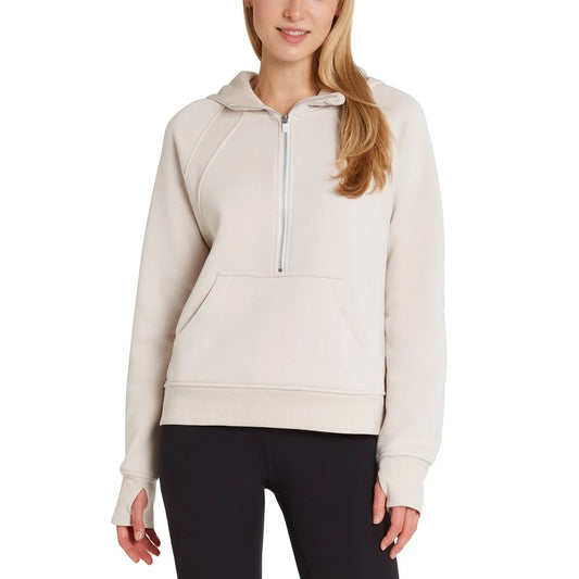 Danskin Women's Half Zip Hoodie Pullover Active Sweater Shirt Activewear Sweatshirt Thumbhole Long Sleeve Top Moonbean Tan