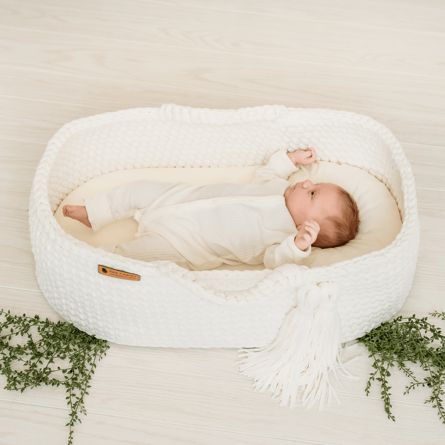 Finn + Emma Carry Cot Moses Baby Carrier Basket Handmade Organic Cotton Crochet Knit Bassinet