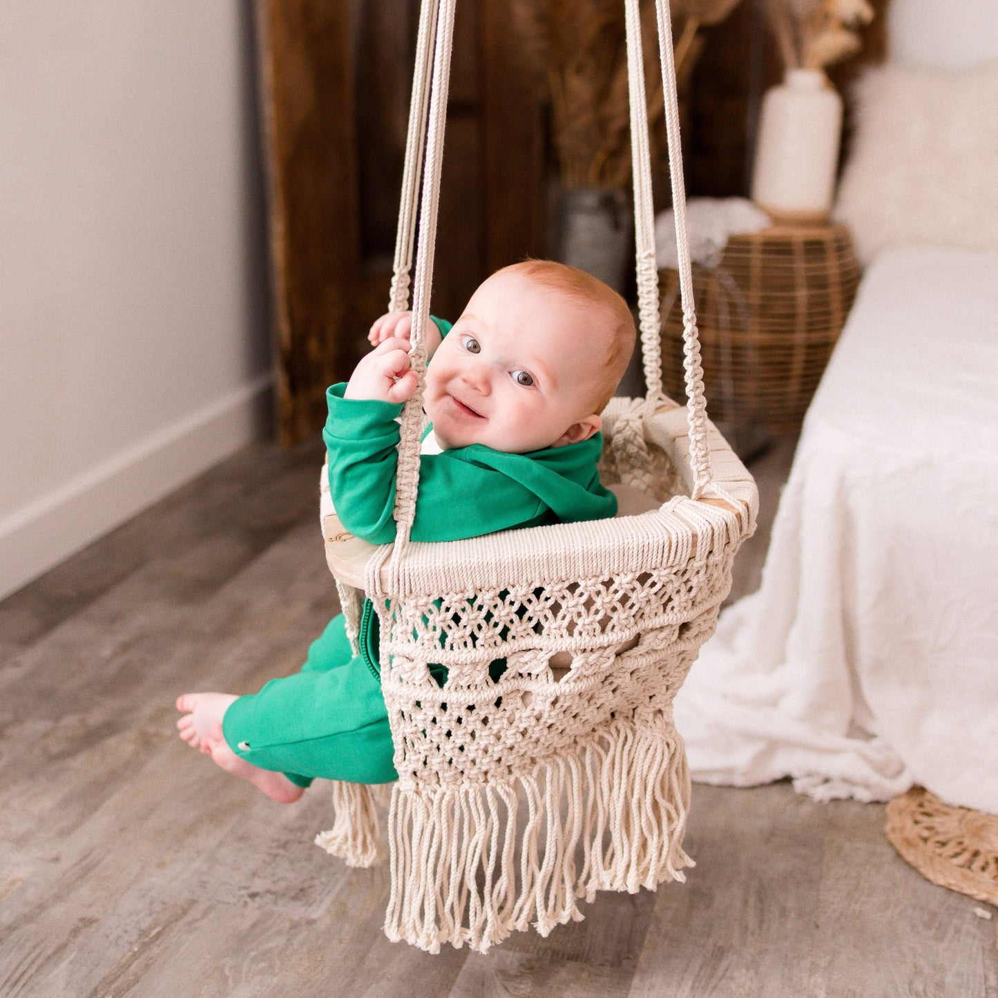 Finn + Emma Macrame Hanging Baby Swing Handmade Boho Home Room