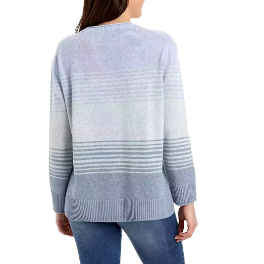 Ella Moss Womens Crew Neck Soft Knit Pullover Sweater Ombre Stripe High-Low Top Blue
