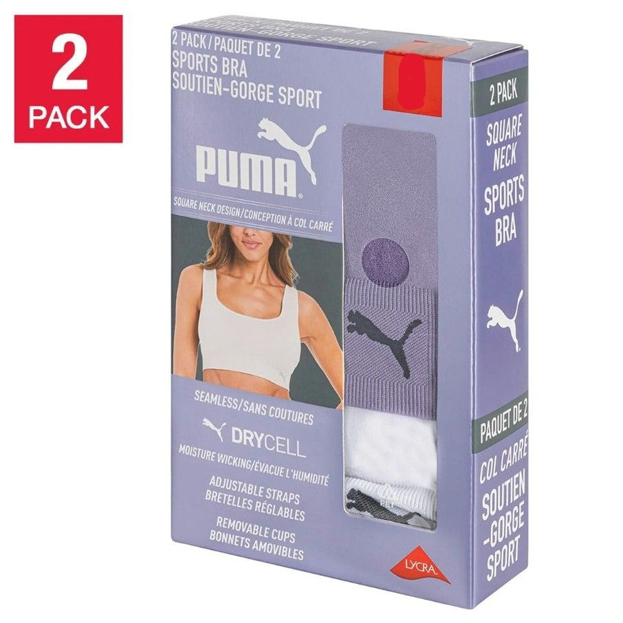 PUMA 2 Pack Seamless Athletic Sports Bra Set Adjustable Cross Back Activewear