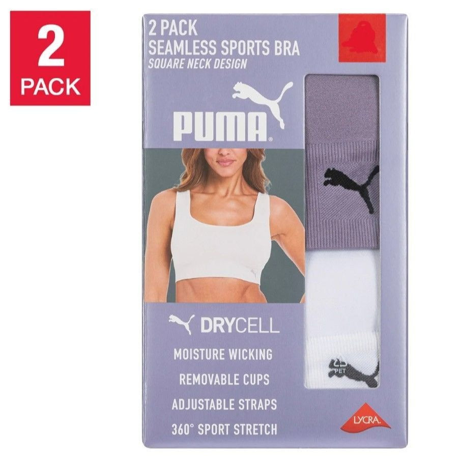 PUMA 2 Pack Seamless Athletic Sports Bra Set Adjustable Cross Back Activewear
