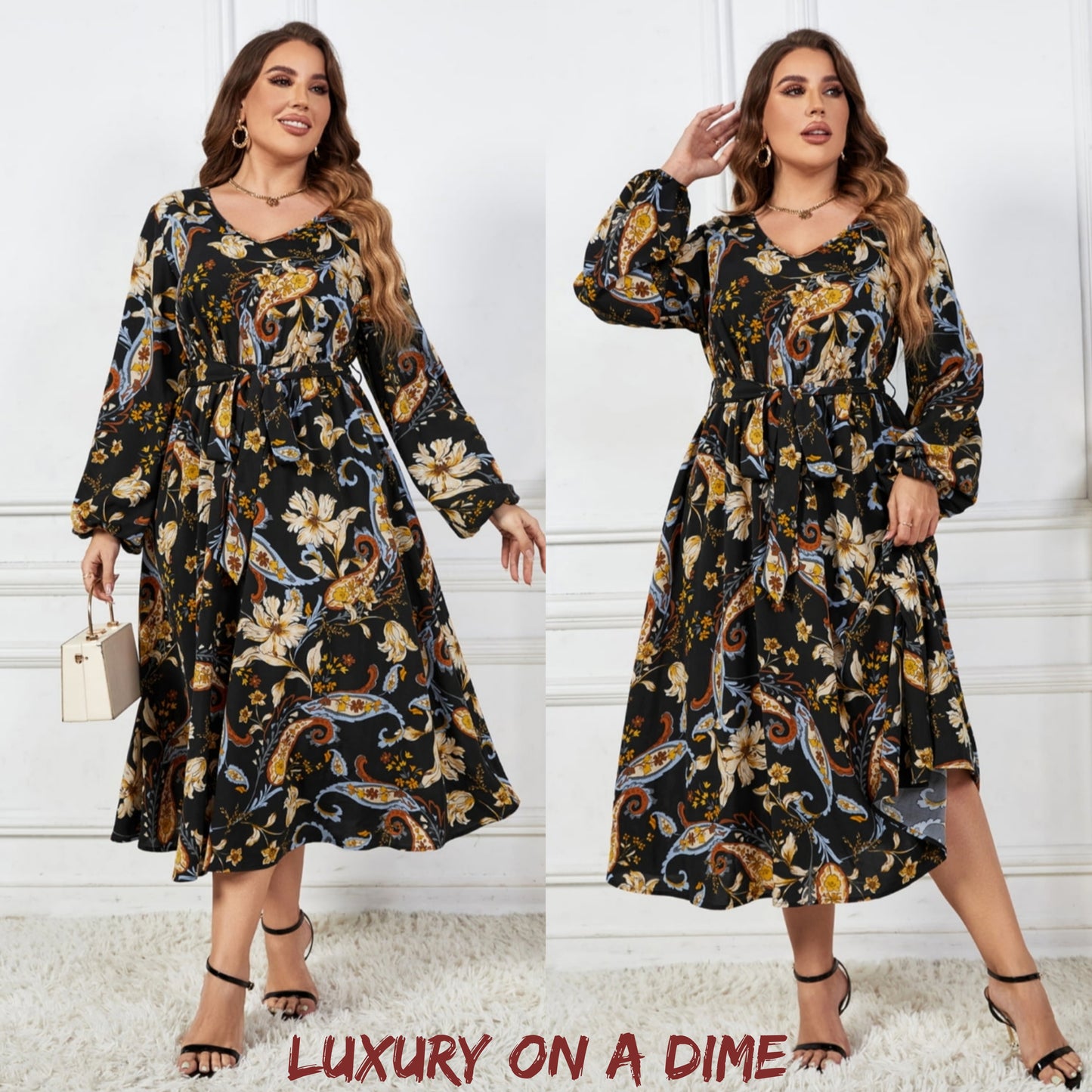 Paisley Floral Retro Print Tie Belt Balloon Sleeve Modest Midi Dress (Plus Size Only)