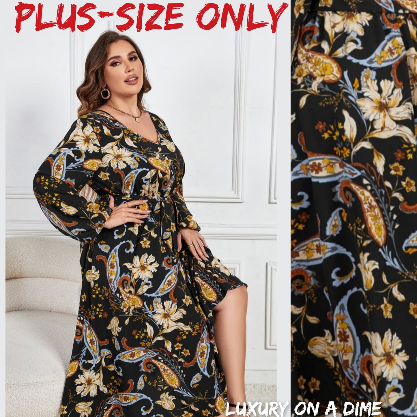 Paisley Floral Retro Print Tie Belt Balloon Sleeve Modest Midi Dress (Plus Size Only)