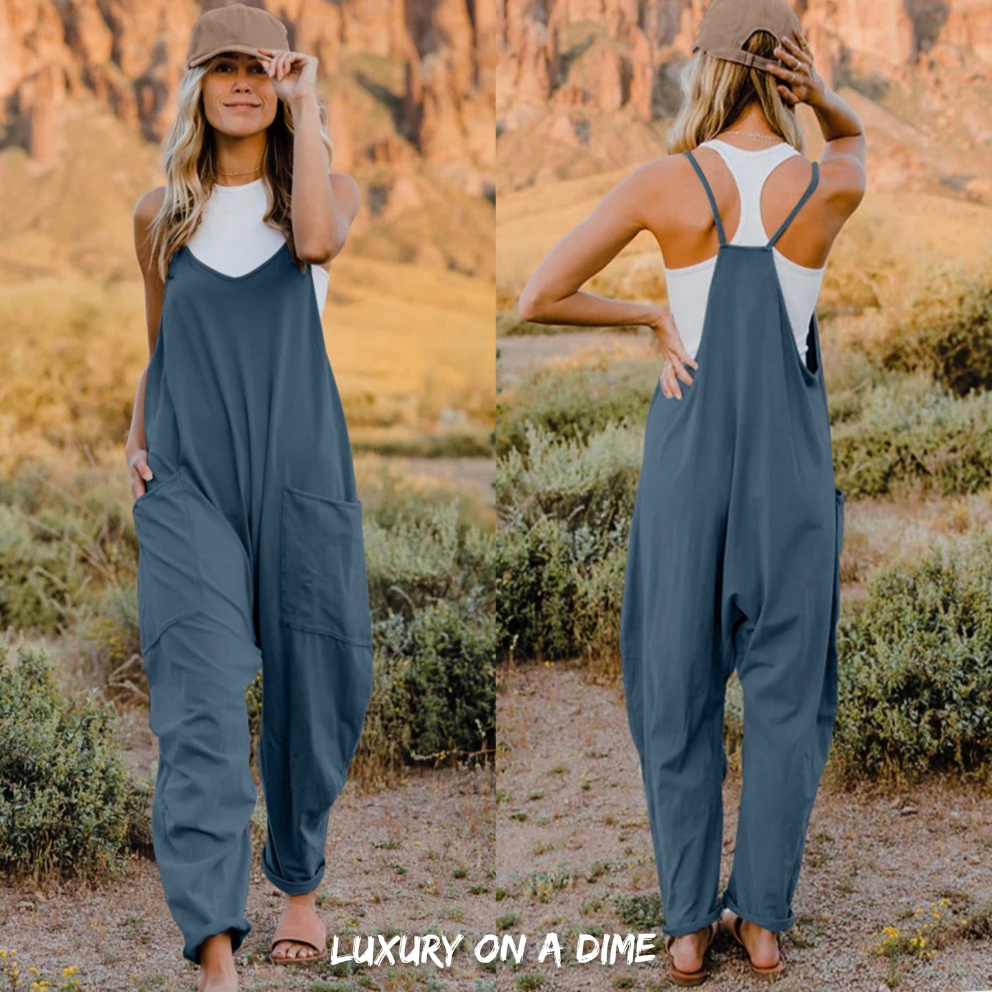 Oversized Hippie V-Neck Sleeveless Pant Pocket Jumpsuit