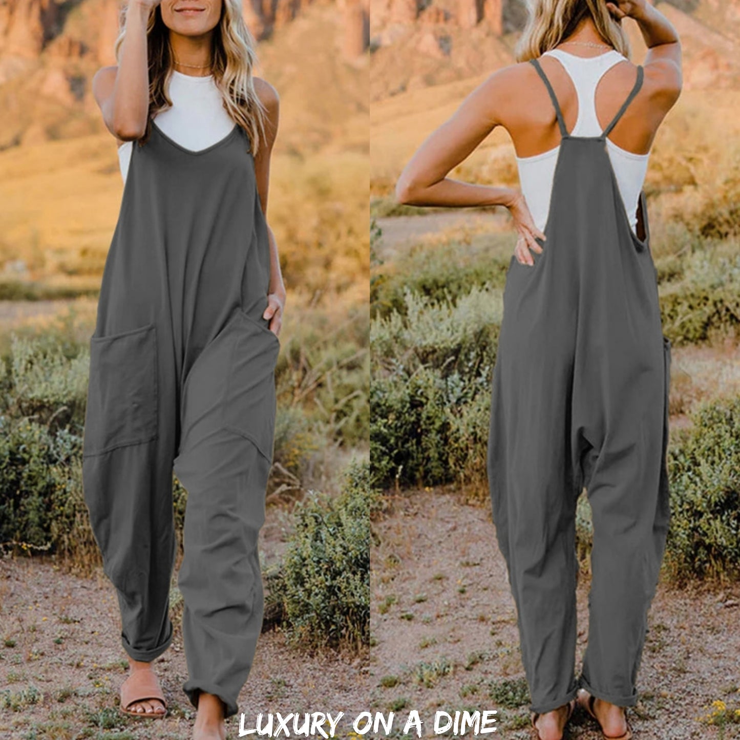 Oversized Hippie V-Neck Sleeveless Pant Pocket Jumpsuit