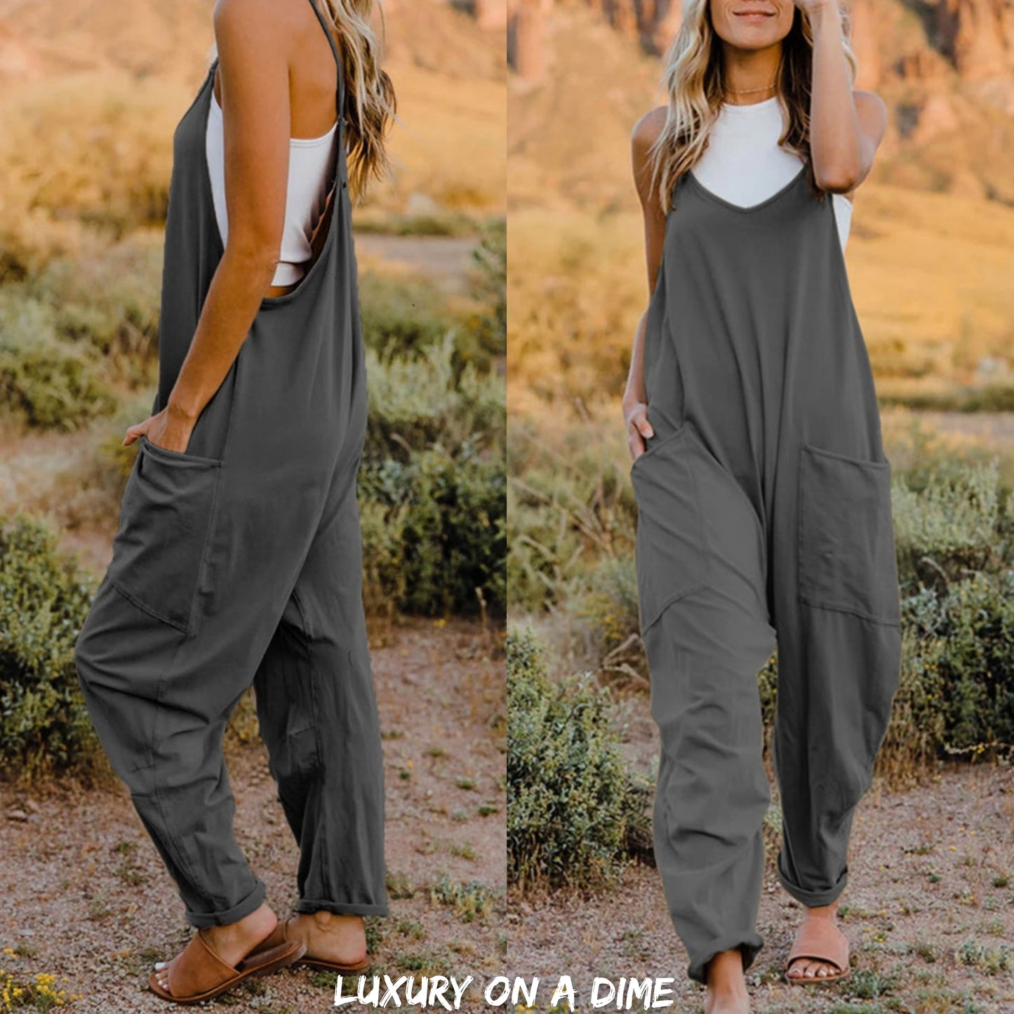 Oversized Hippie V-Neck Sleeveless Pant Pocket Jumpsuit