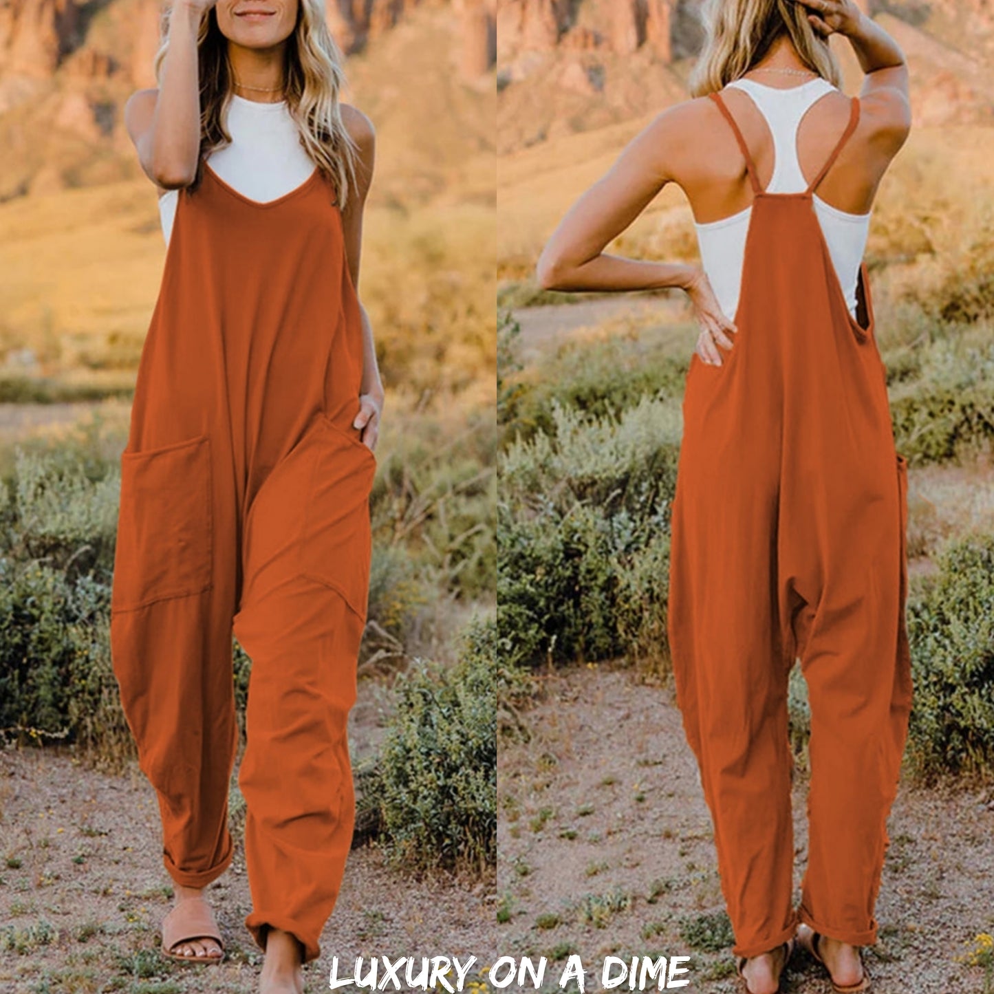 Oversized Hippie V-Neck Sleeveless Pant Pocket Jumpsuit