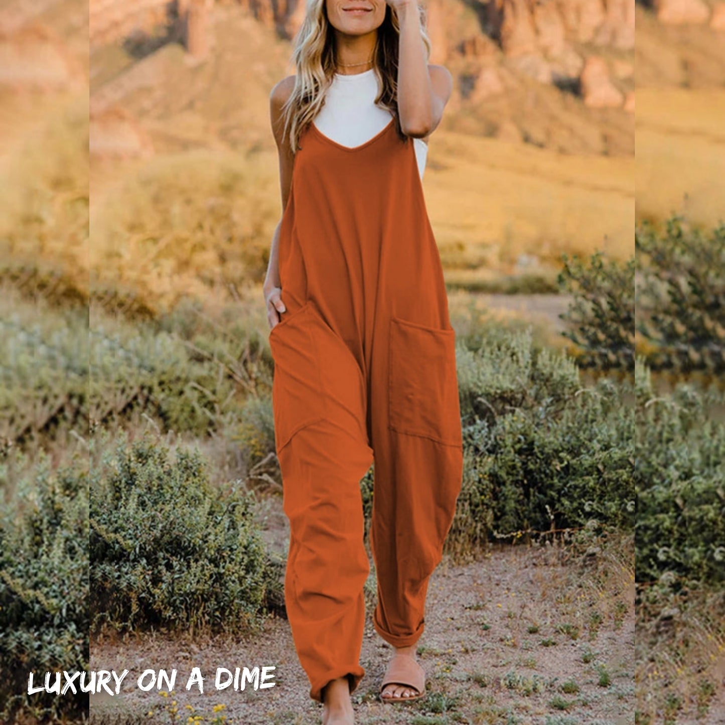 Oversized Hippie V-Neck Sleeveless Pant Pocket Jumpsuit