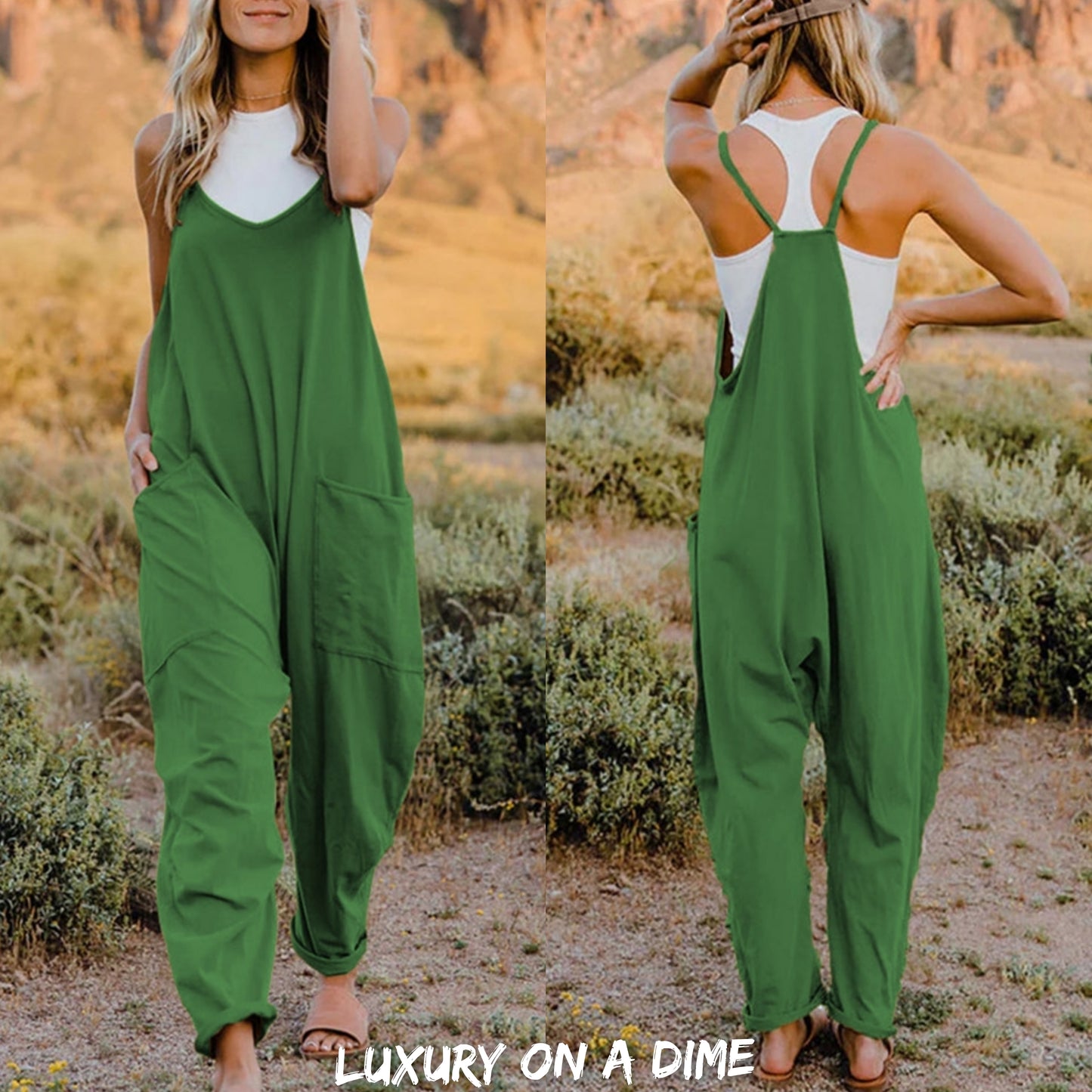 Oversized Hippie V-Neck Sleeveless Pant Pocket Jumpsuit