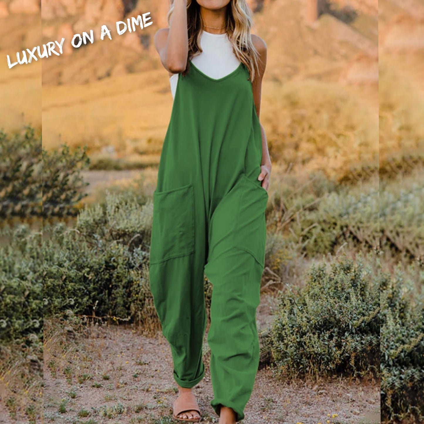Oversized Hippie V-Neck Sleeveless Pant Pocket Jumpsuit