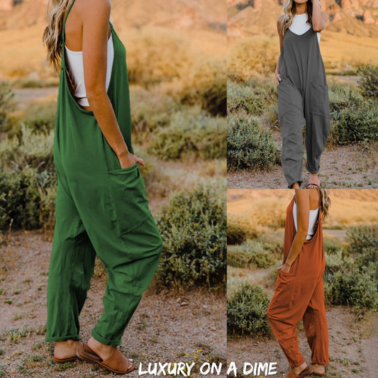Oversized Hippie V-Neck Sleeveless Pant Pocket Jumpsuit