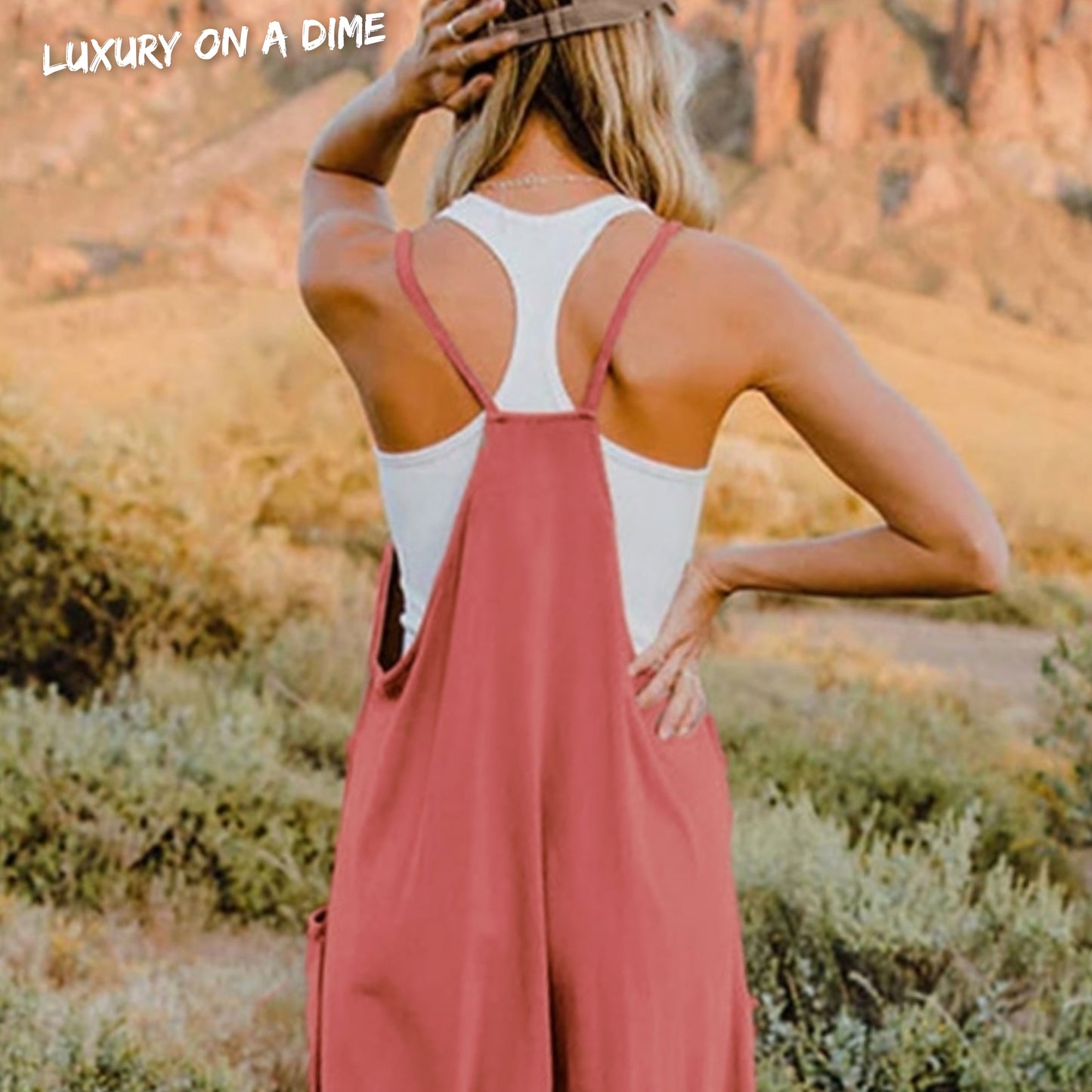 Oversized Hippie V-Neck Sleeveless Wide Leg Pant Pocket Jumpsuit Bohemian Outfit