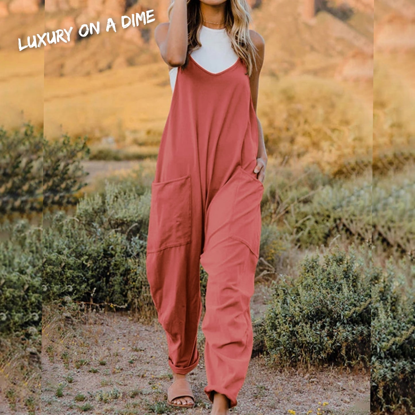 Oversized Hippie V-Neck Sleeveless Wide Leg Pant Pocket Jumpsuit Bohemian Outfit