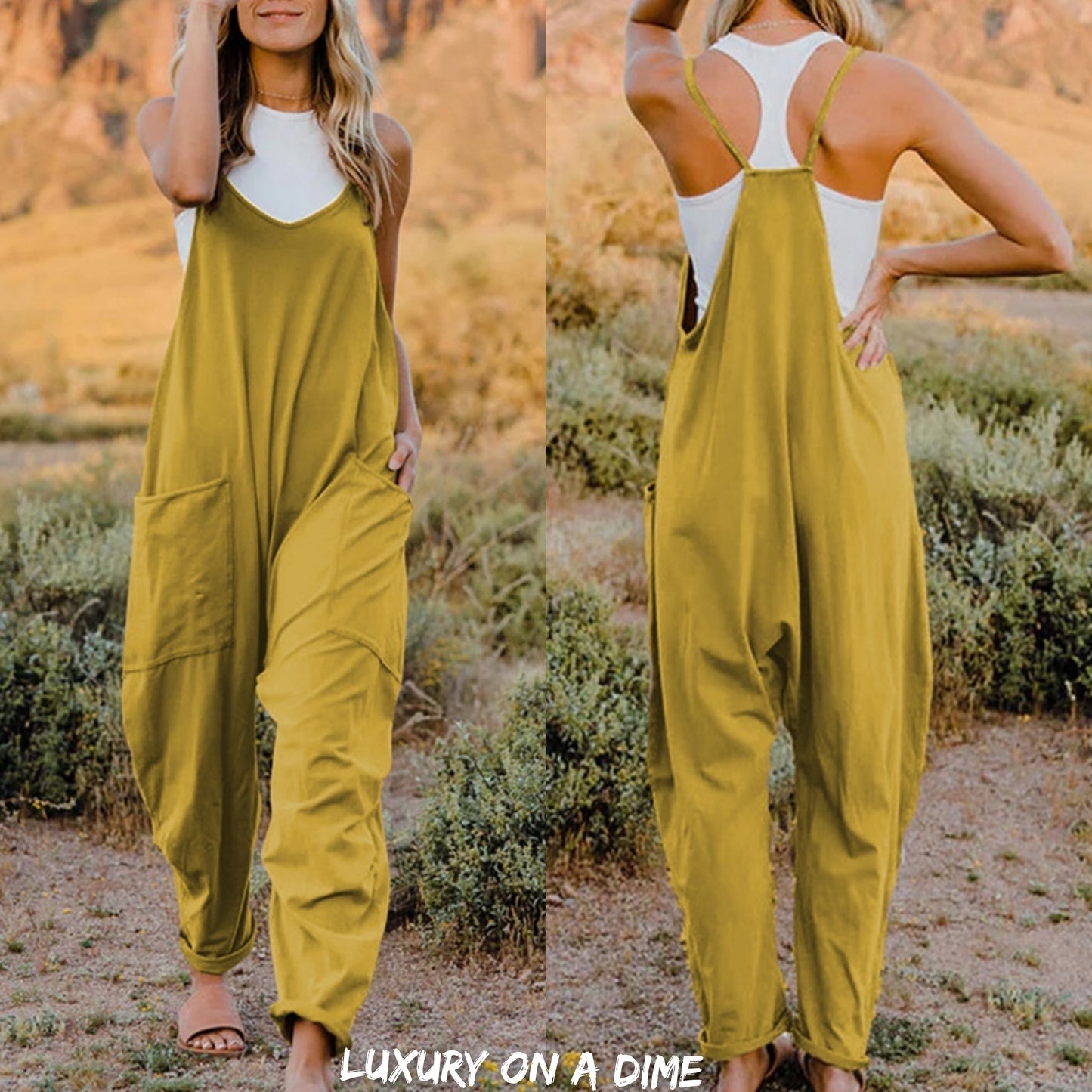 Oversized Hippie V-Neck Sleeveless Wide Leg Pant Pocket Jumpsuit Bohemian Outfit