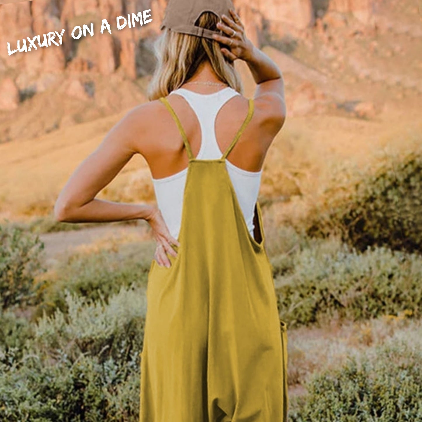 Oversized Hippie V-Neck Sleeveless Wide Leg Pant Pocket Jumpsuit Bohemian Outfit