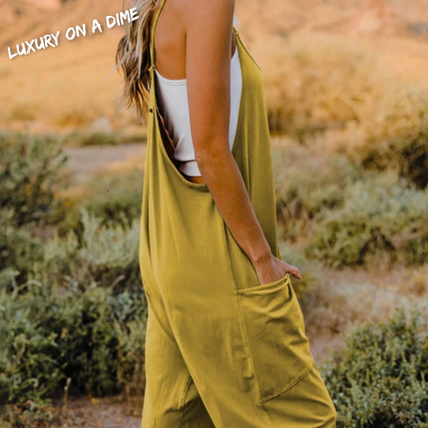 Oversized Hippie V-Neck Sleeveless Wide Leg Pant Pocket Jumpsuit Bohemian Outfit