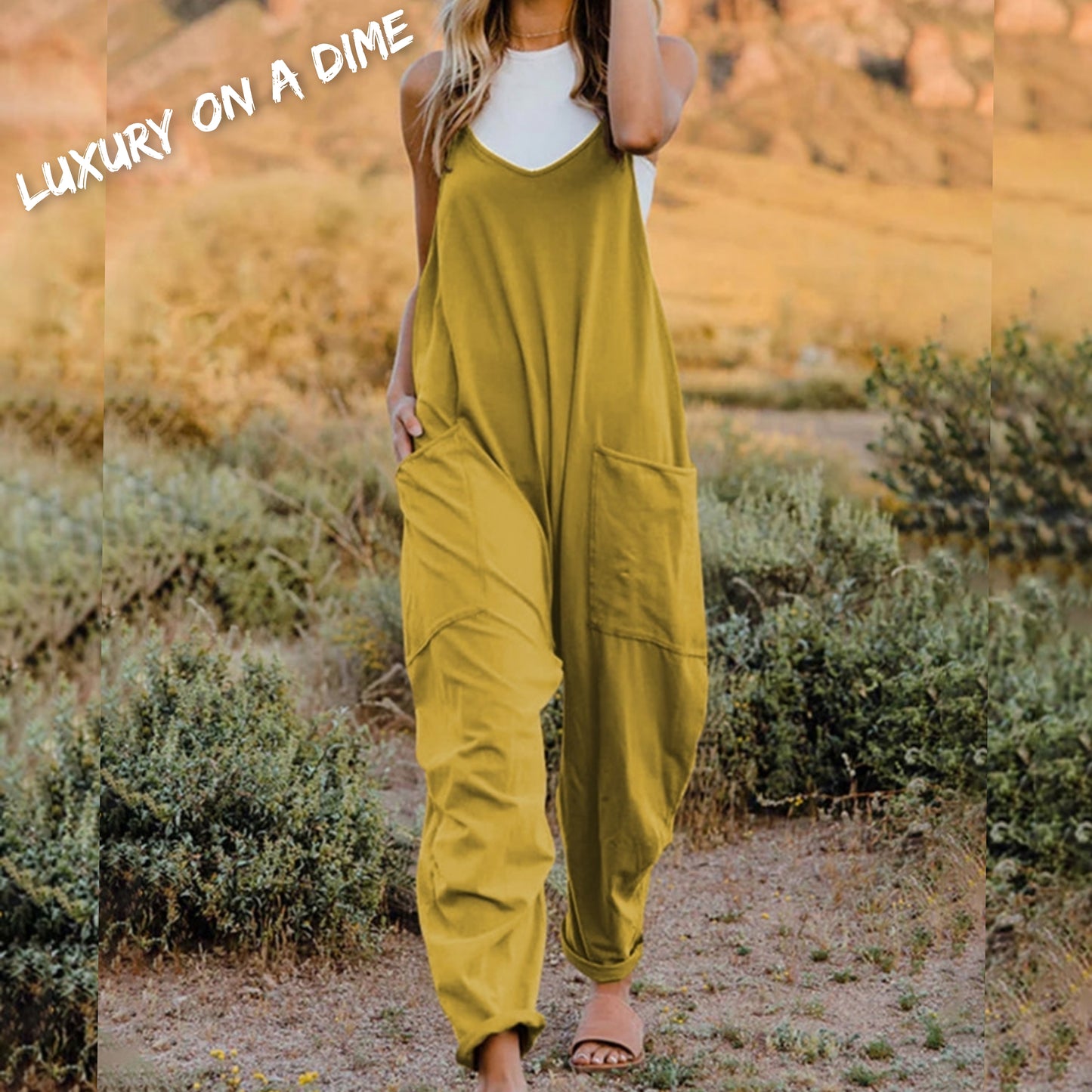 Oversized Hippie V-Neck Sleeveless Wide Leg Pant Pocket Jumpsuit Bohemian Outfit