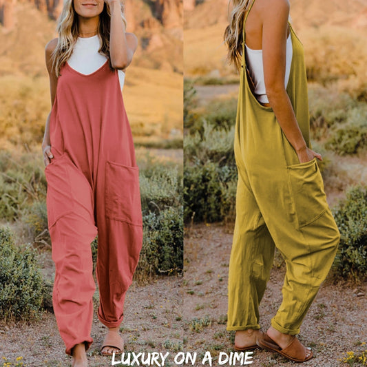 Oversized Hippie V-Neck Sleeveless Wide Leg Pant Pocket Jumpsuit Bohemian Outfit