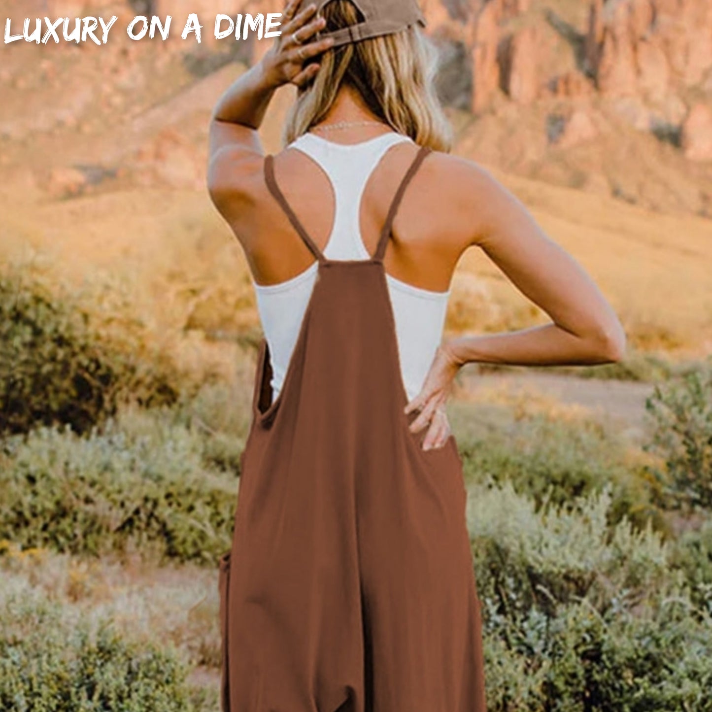 Oversized Hippie V-Neck Sleeveless Wide Leg Pant Pocket Jumpsuit Bohemian Outfit