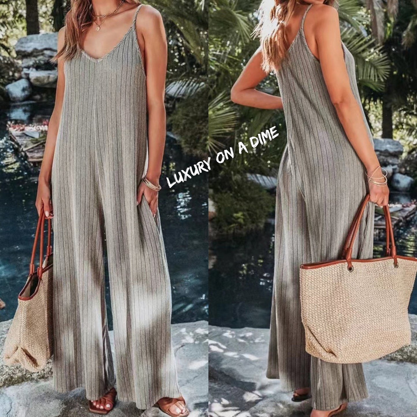 Spaghetti Strap V-Neck Jumpsuit with Pockets