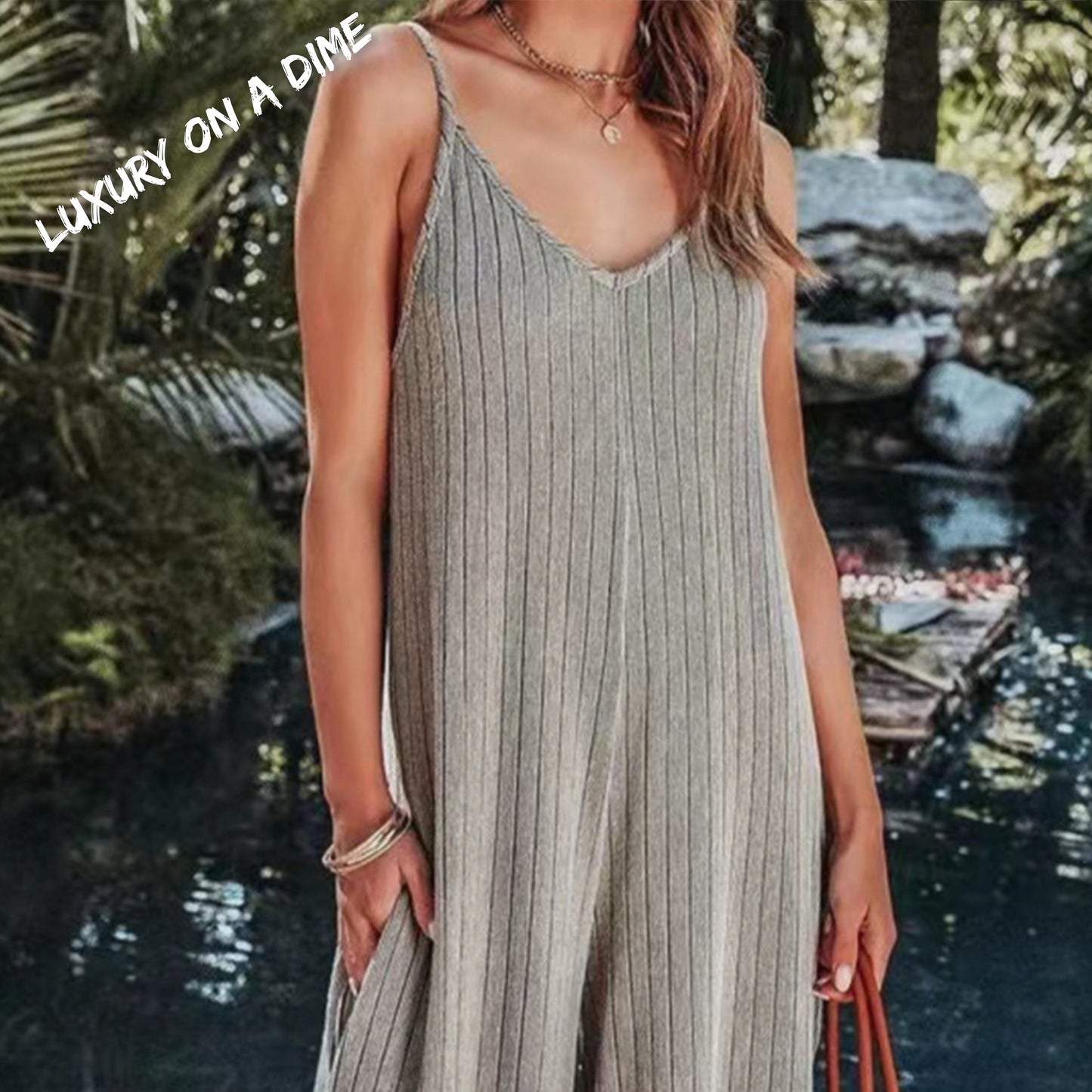 Spaghetti Strap V-Neck Jumpsuit with Pockets
