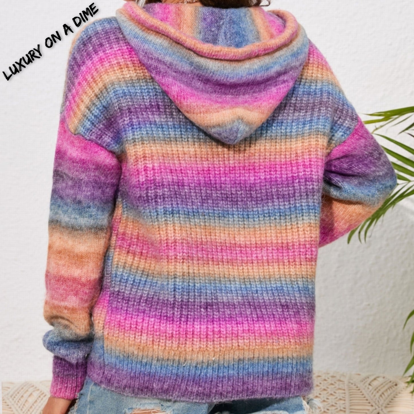 Bright Wool Blend Knit Colorful Stripe Hoodie Kangaroo Pocket Sweater Shirt
